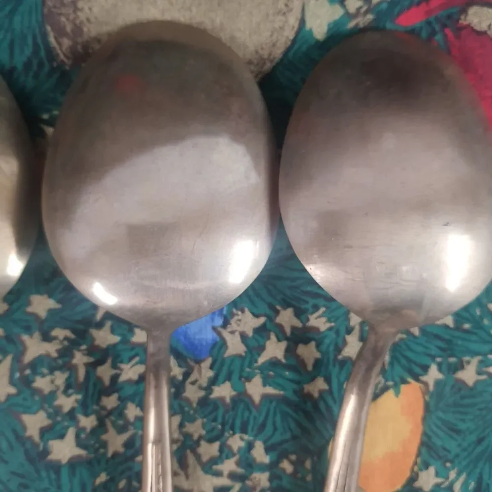 VTG 70’s Lot Of 4 Nickel Bronze Serving Spoon Carving Fork Faux Bamboo Serveware